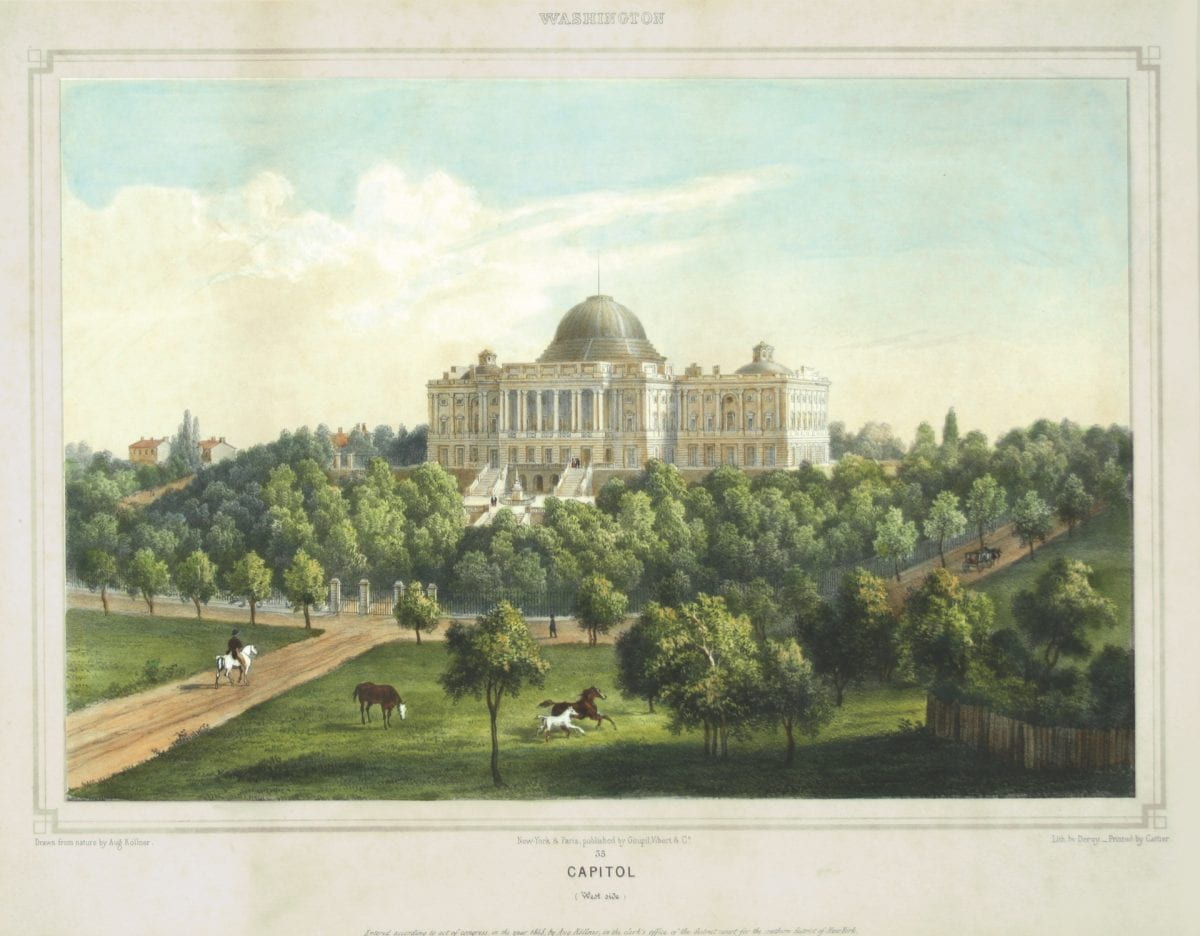 An 1848 lithograph depicting the front of the US Capitol Building surrounded by trees with several horses on the National Mall.