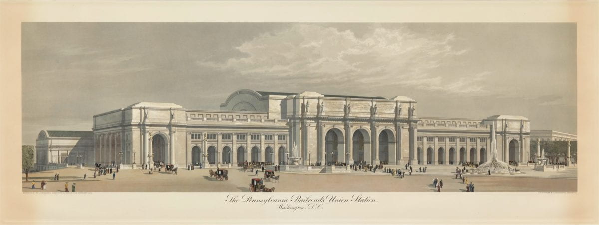 A colored lithograph depicting Union Station in Washington, DC in 1906, with pedestrians and horse drawn carriages in the foreground.