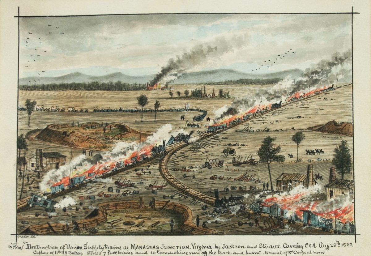 A watercolor painting by Robert Knox Sneden depicting two burning trains at Manassas Junction, Virginia.