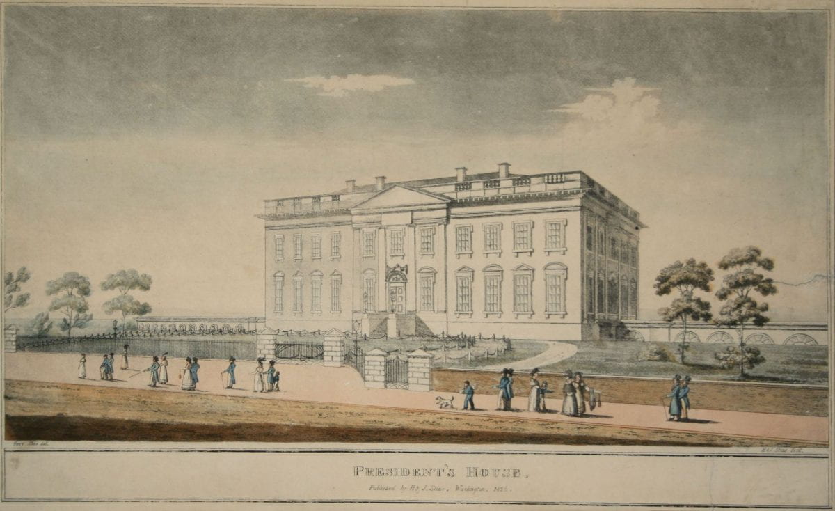 Colored print of the White House, a dirt road passes in the foreground.