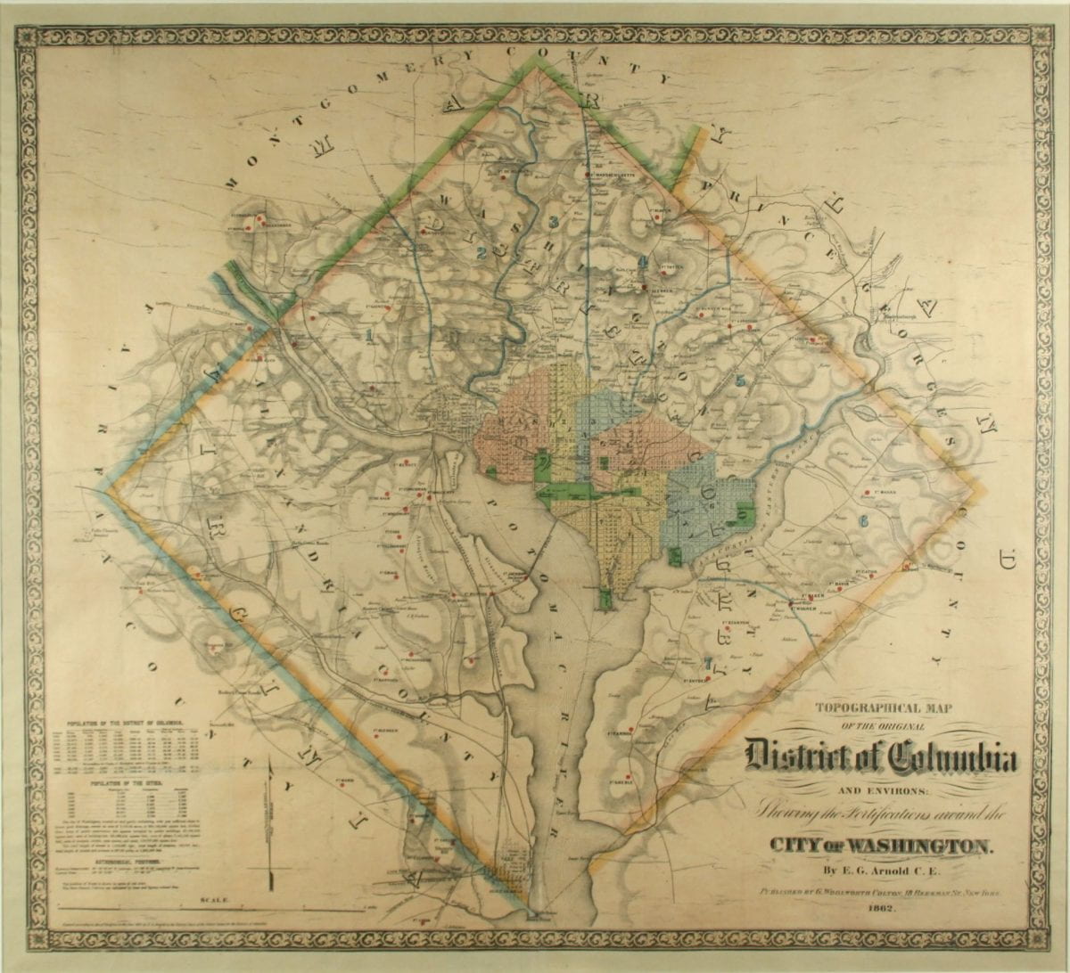 Detailed depictions of streets and railroads connected to DC. Colorful shapes in the center indicate school districts, red dots indicate fortifications.