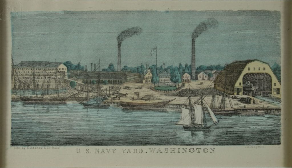 Colored drawing of the Navy Yard, several ships float in the harbor with warehouses and smokestacks in the background.