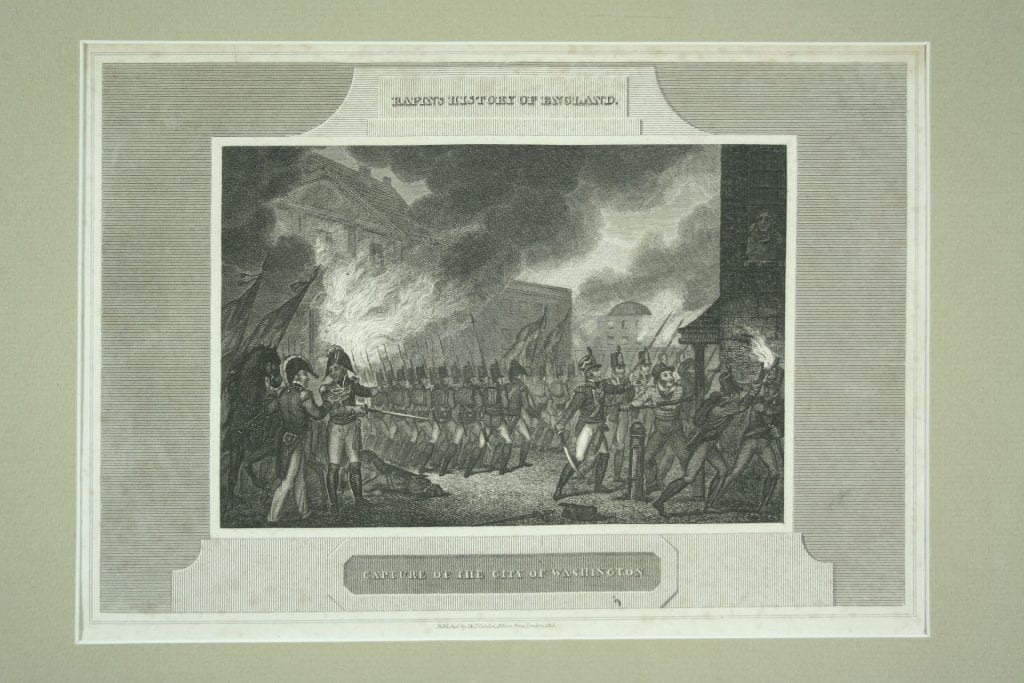 Black and white engraving of British soldiers marching through DC, a building burns in the background.