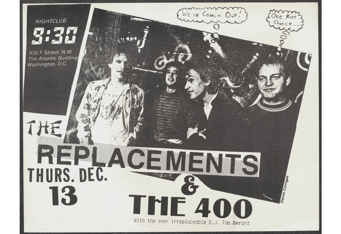Black and white flyer with an image of four young, white men in the center. Large writing around the photo give details for an upcoming concert.