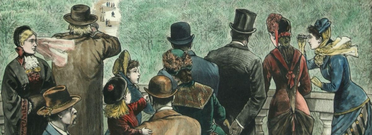 A hand-colored illustration from a 19th-century newspaper depicts a group of well-dressed men and women on a balcony overlooking the inauguration of President Garfield on the National Mall